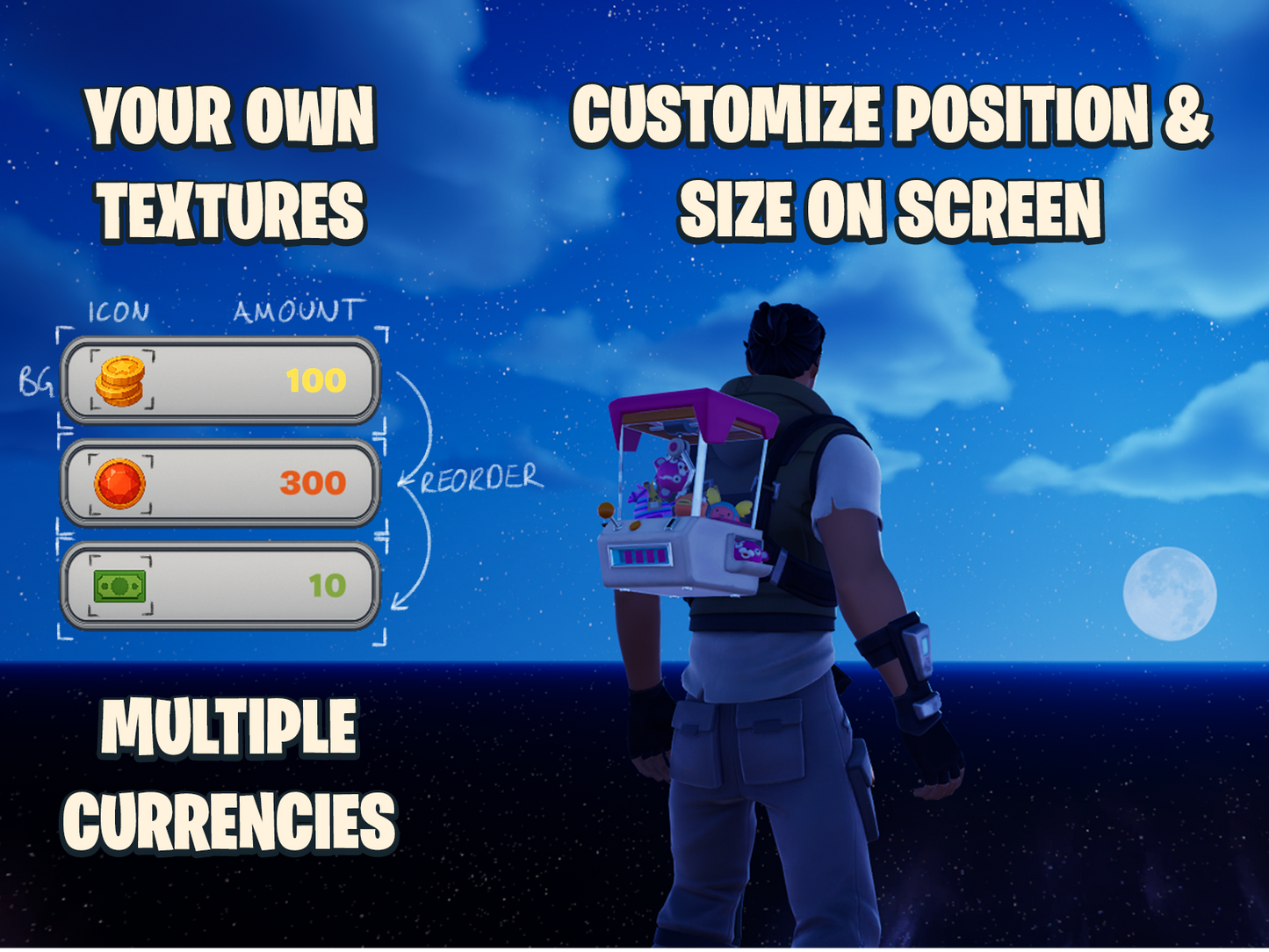 Your own assets. Multiple Currencies. Customize Position & Size on Screen. Displayed over a screen capture of gameplay showing three currencies stacked on left with sketches on top outlining each UI widget.
