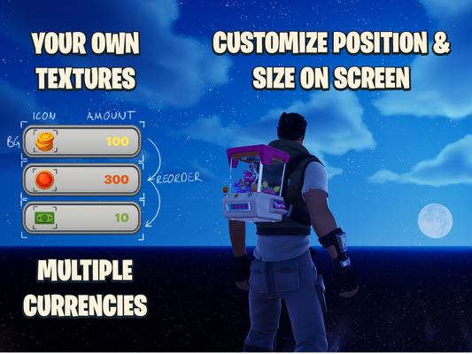 Your own assets. Multiple Currencies. Customize Position & Size on Screen. Displayed over a screen capture of gameplay showing three currencies stacked on left with sketches on top outlining each UI widget.