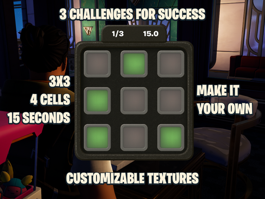 3 challenges for success. 3x3, 4 Cells, 15 seconds. Make it your own. Customizable textures. In the middle a 3x3 grid with 4 green cells. Status text shows 1/3 (challenge number) and 15.0 (time remaining).
