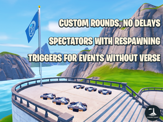 'Custom Rounds, No Delays' 'Spectators with Respawning' 'Triggers for Events Without Verse'. Displayed over a screen capture of UEFN setup.