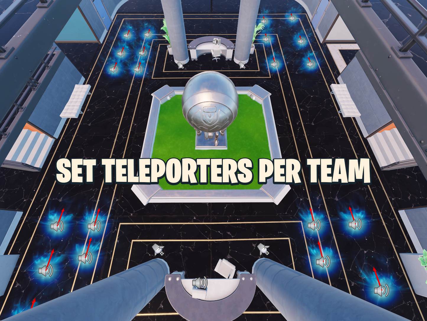 'Set Teleporters Per Team' Displayed over a screen capture of four sets of teleporters in UEFN setup.
