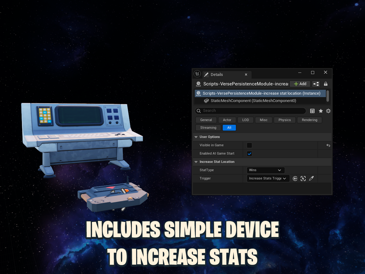 'Includes simple device to increase stats' overlayed over UEFN editor showing device configurations