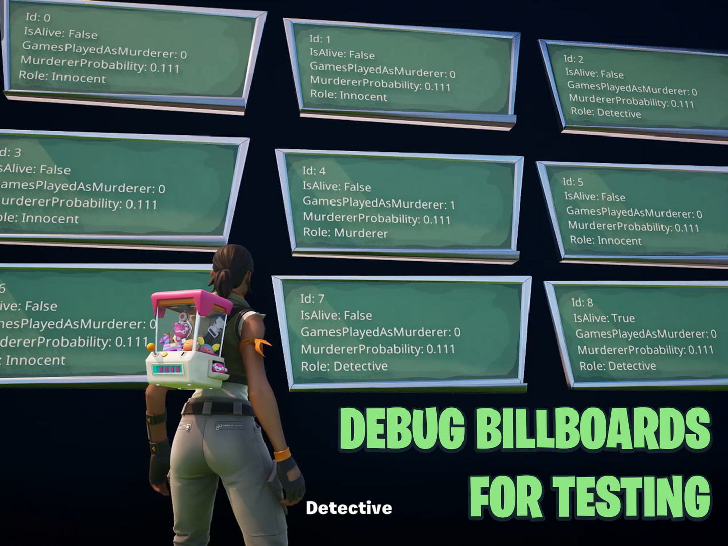 Debug billboards displaying game data in the background. Debug Billboards For Testing overlay.