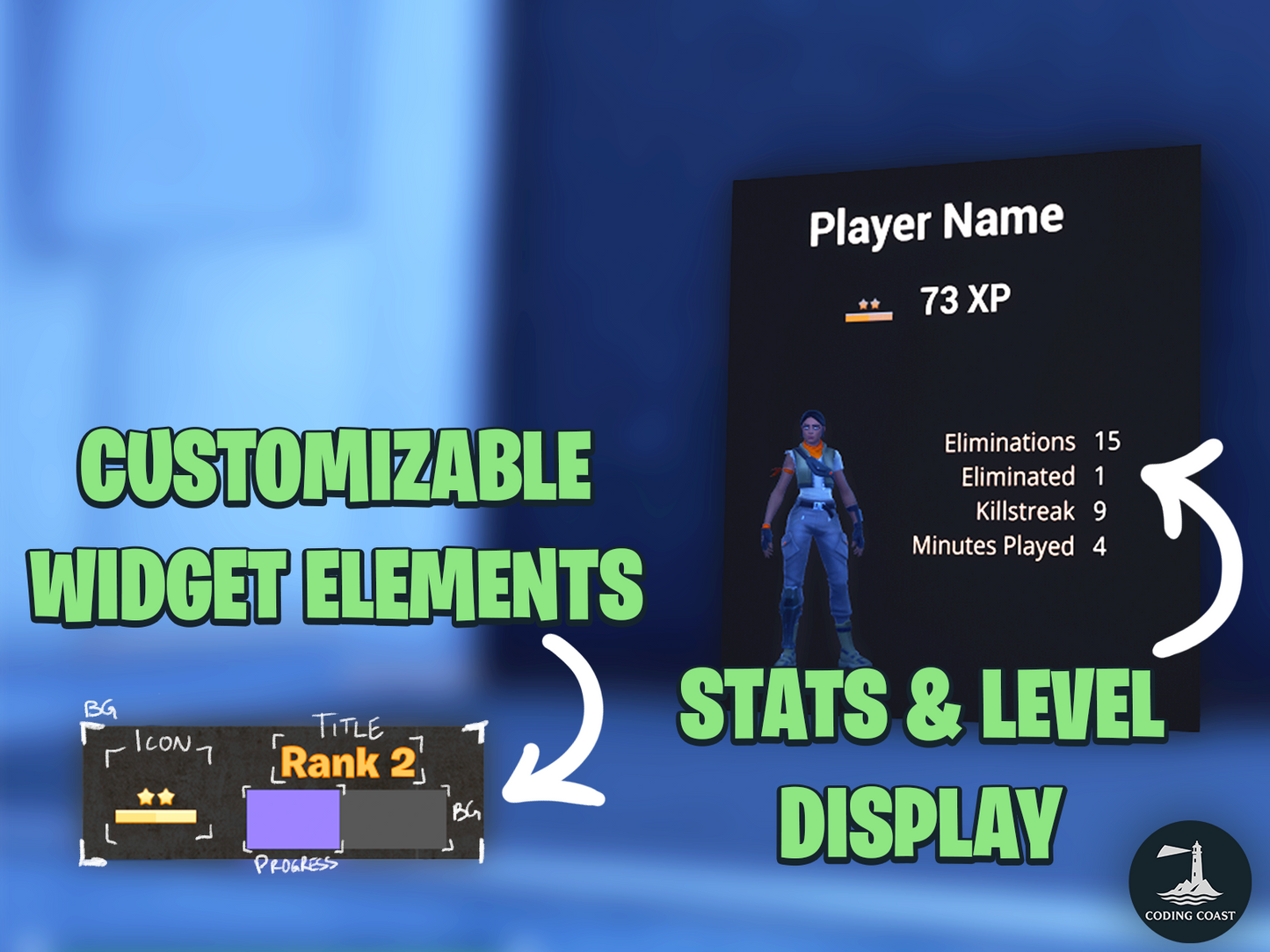 Customizable Widget Elements. Stats & Level Display. Displayed over a screen capture of UEFN setup. Rank Widget on bottom left shows sketches over the customizable widgets labeled BG (Rank widget background), Icon, Title, Progress, BG (Progress bar background).