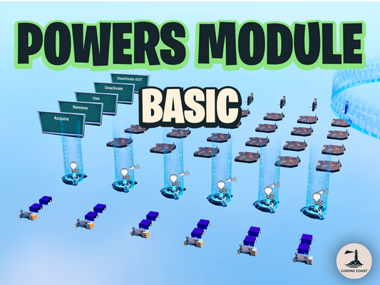 Powers Module. Basic. Displayed over a screen capture of UEFN setup.