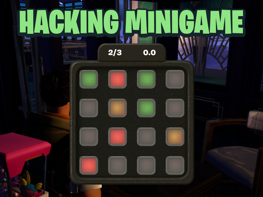 Hacking Minigame. A 4x4 grid with some cells in green, red and yellow. Status text shows 2/3 (challenge number) and 0.0 (time remaining).