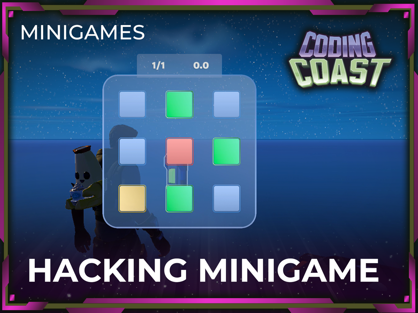 Hacking Minigame. A 3x3 grid with some cells in green, red and yellow. 