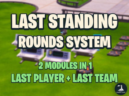 'Last Standing Rounds System' '2 modules in 1' 'Last Player + Last Team'. Displayed over a screen capture of UEFN setup.