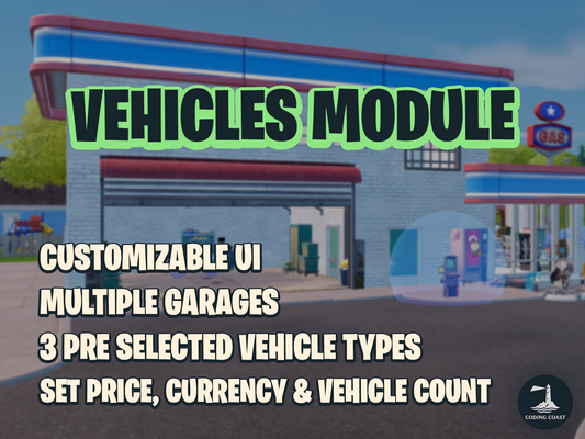 Vehicles Module. Customizable UI. Multiple Garages. 3 Pre 
Selected Vehicle Types. Set Price, Currency & Vehicle Count. Displayed over screenshot of garage prefab in UEFN.