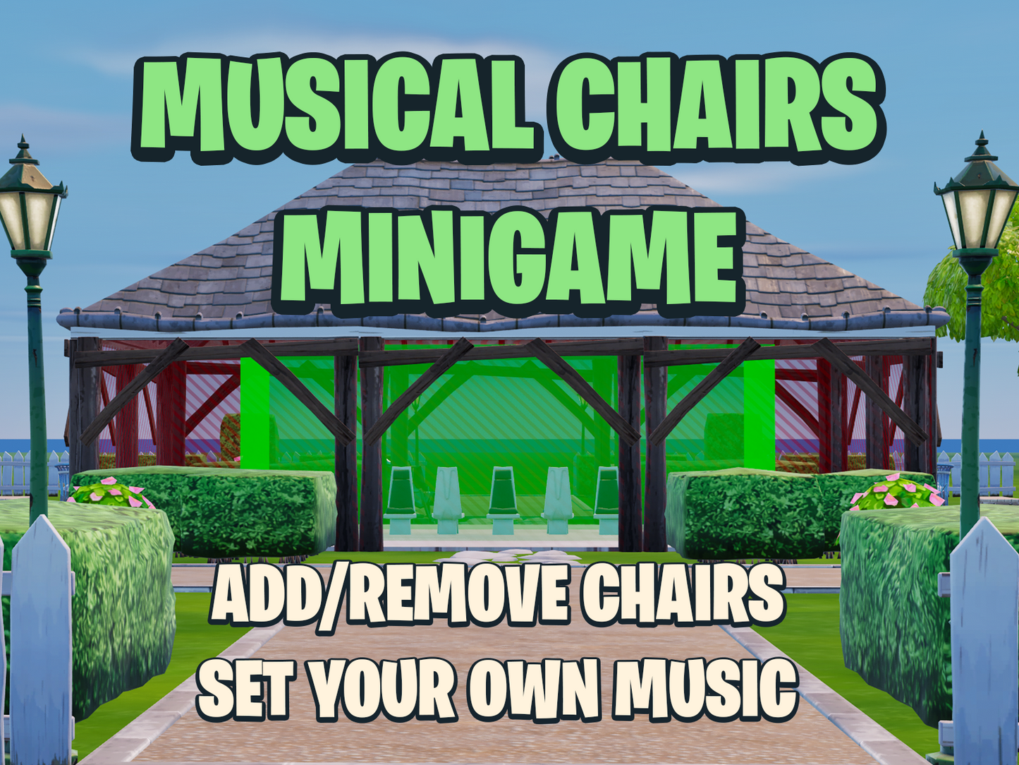 Gazebo with 'Musical Chairs Minigame' text and chairs on a grassy area.