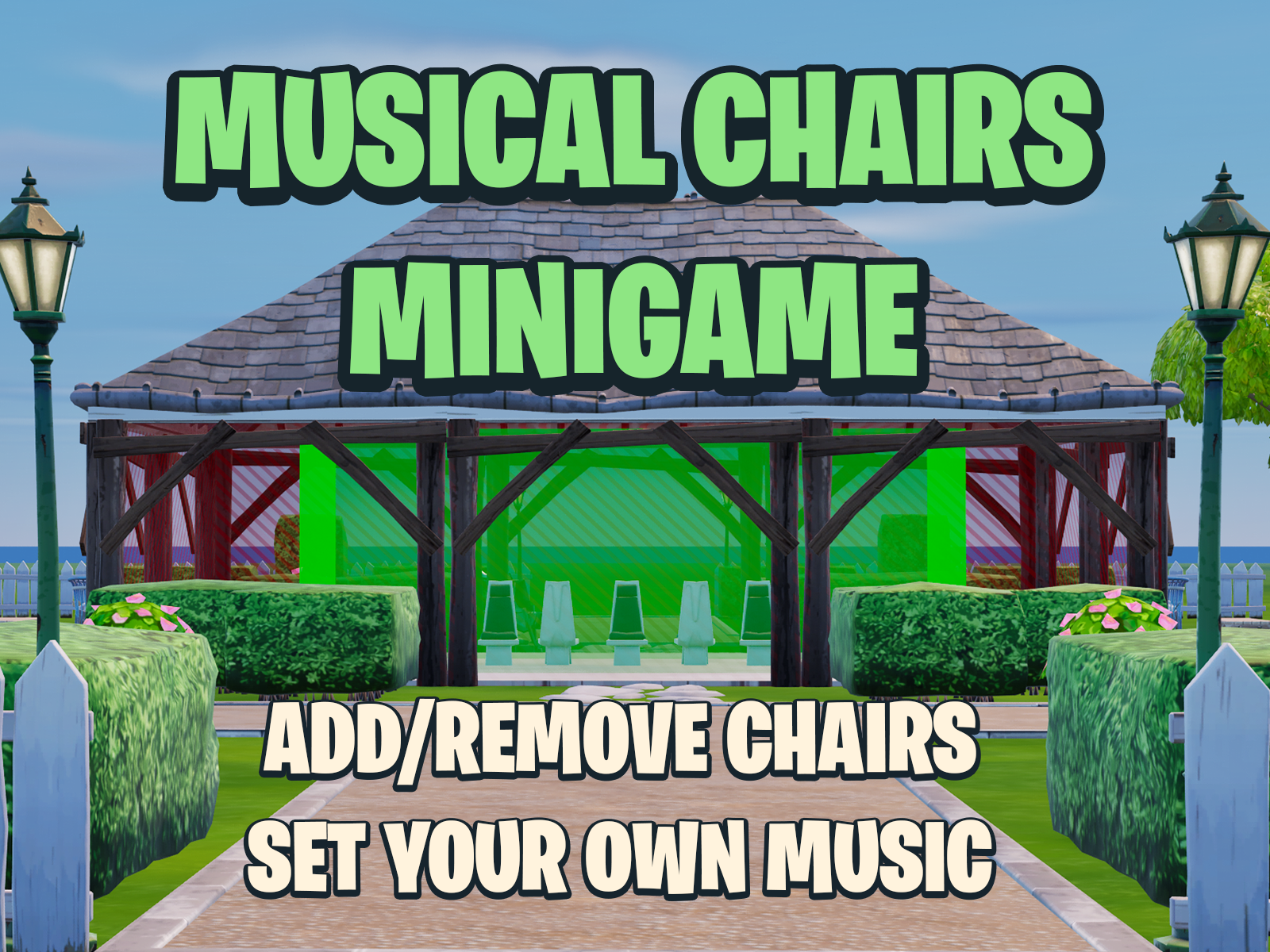 Gazebo with 'Musical Chairs Minigame' text and chairs on a grassy area.