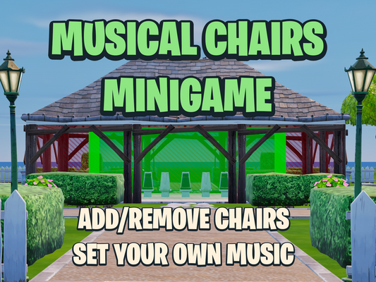 Gazebo with 'Musical Chairs Minigame' text and chairs on a grassy area.
