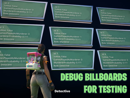 Debug billboards displaying game data in the background. Debug Billboards For Testing overlay.