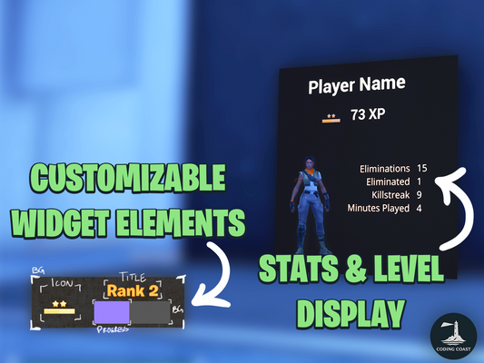 Customizable Widget Elements. Stats & Level Display. Displayed over a screen capture of UEFN setup. Rank Widget on bottom left shows sketches over the customizable widgets labeled BG (Rank widget background), Icon, Title, Progress, BG (Progress bar background).